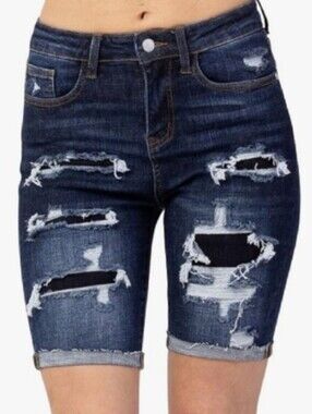 Judy Blue HighWaist Dark Blue Distressed Denim CuffBermuda Shorts SzM